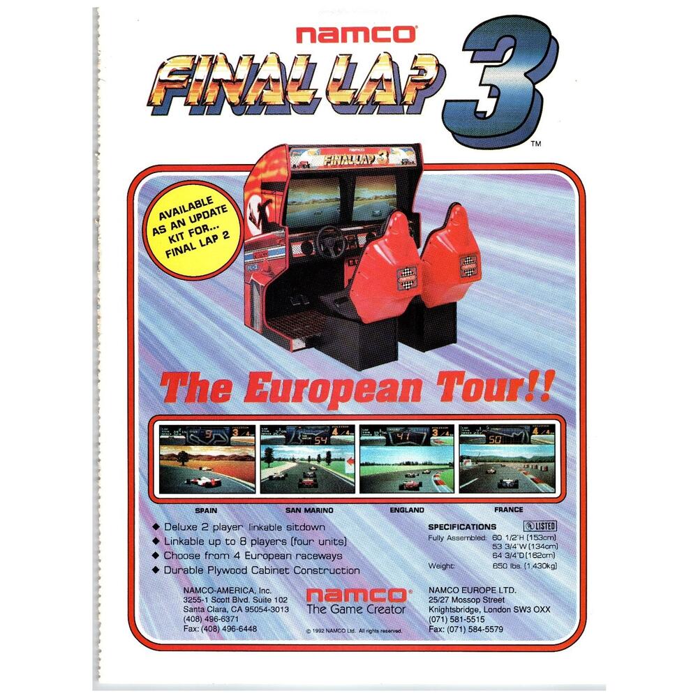 Namco Final Lap 3 Arcade Game Ad 1980s Video Game Tech